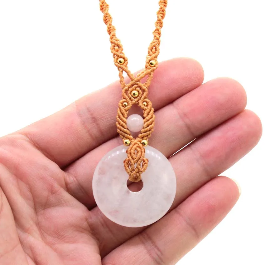 

Natural Healing Rock Crystal Quartz Reiki Stone Pendant Handmade Thread Rope Wrapped Braided Macrame Adjustable Chain Necklace