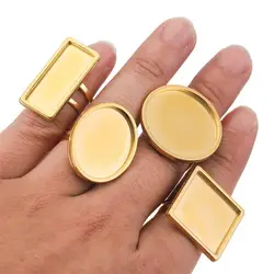 Fashion 2pcs/Lot Gold Stainless Steel Open Ring Settings Flat Blank Base Large Round Oval Resin Tray Ring Bezel Jewelry Making