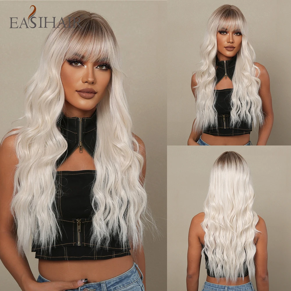 

EASIHAIR Platinum Blonde Ombre Long Wavy Synthetic Wigs for Women Futura Natural Hair With Bangs Cosplay Wig Heat Resistant