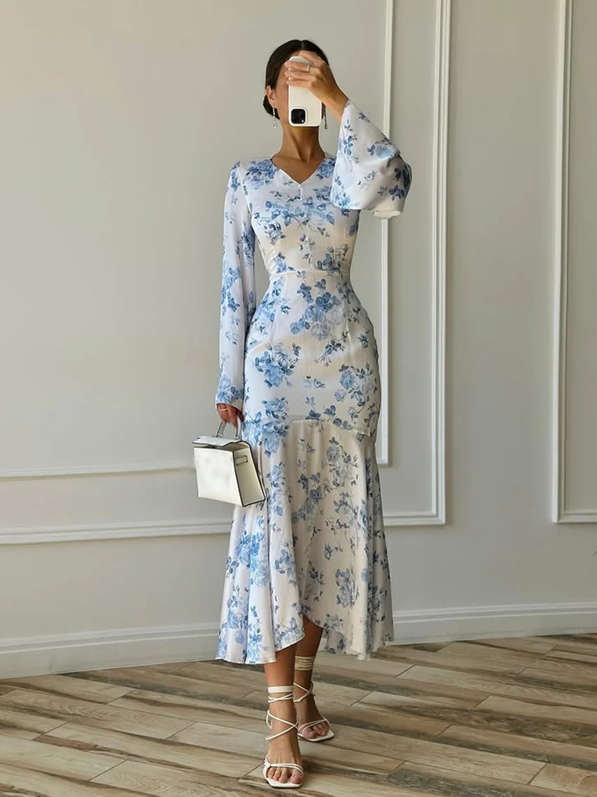 

Marthaqiqi Printing Fashion Women Nightwear Sexy V-Neck Pajamas Long Sleeve Nightgown Ankle-Length Dress Winter Ladies Sleepwear