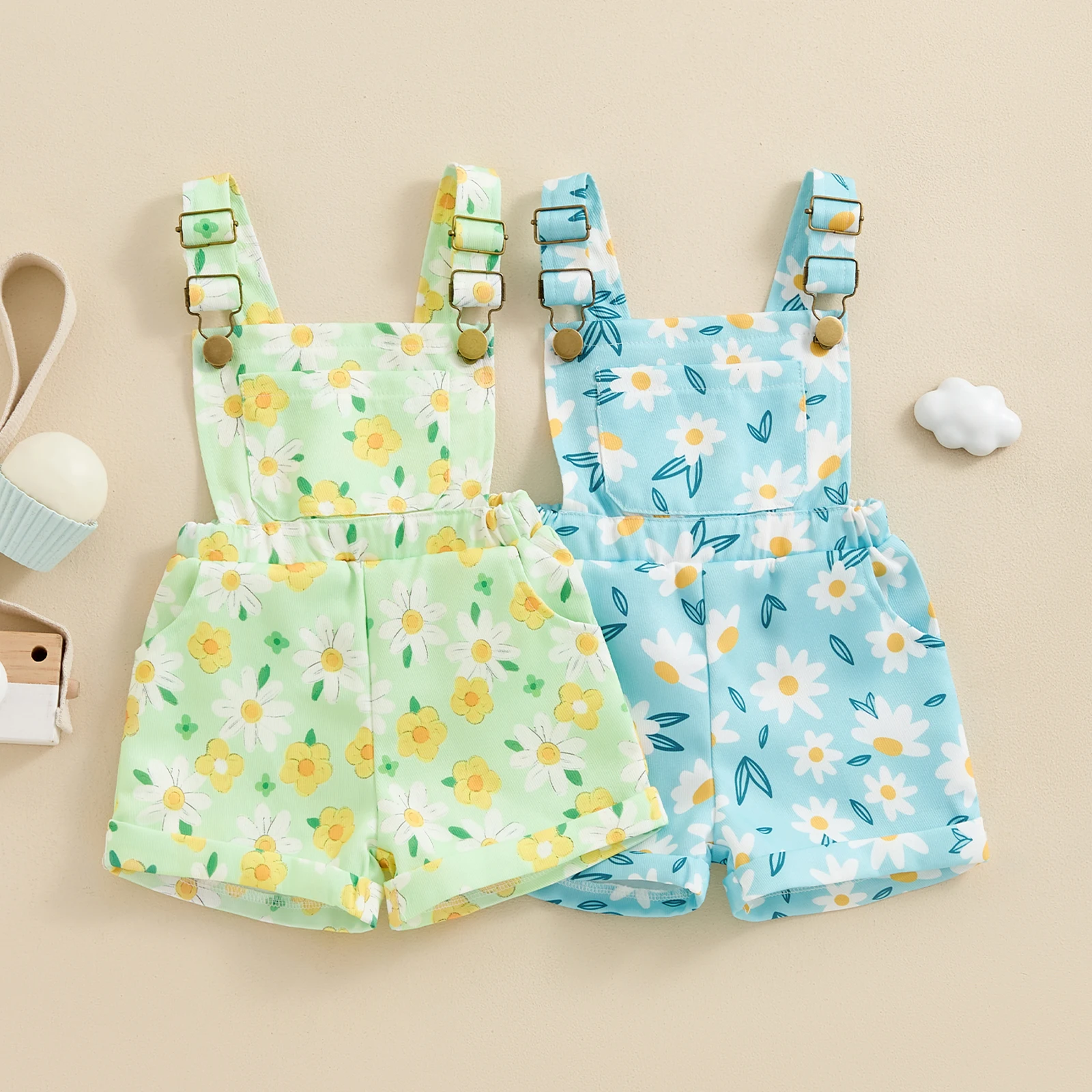 

Kids Girl Suspender Jumpsuit Floral Print Pocket Front Sleeveless Overalls Shorts