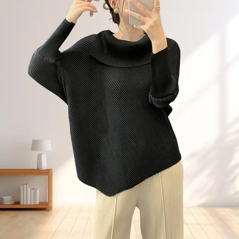 

Miyake Women's Pullover 2025 Fall New Loose Top Simple Stretch Bottoming Shirt Long-sleeved Scarf Collar Plisse Woman Clothes