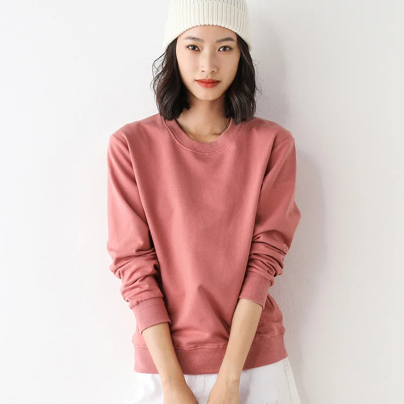 

2025 Spring Autumn New Women's O-neck Cotton Sweatshirt Loose Vintage Solid Pullover Multi-color Options