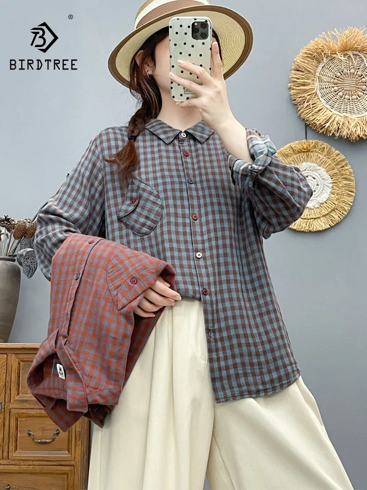 جديد 2025 قميص خريفي بأكمام طويلة من غزل القطن ، بلوزة فضفاضة متعددة الاستخدامات بياقة مقلوبة للنساء ، بلوزة موري جيرل للتنقل T59279CC