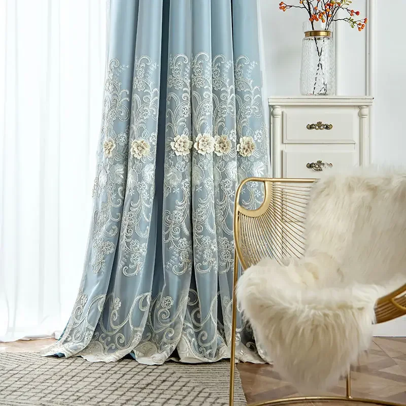 

Curtains for Living Room Bedroom Dining Embossed Double Layer High Shading French Luxury Embroidered Double Open Windows
