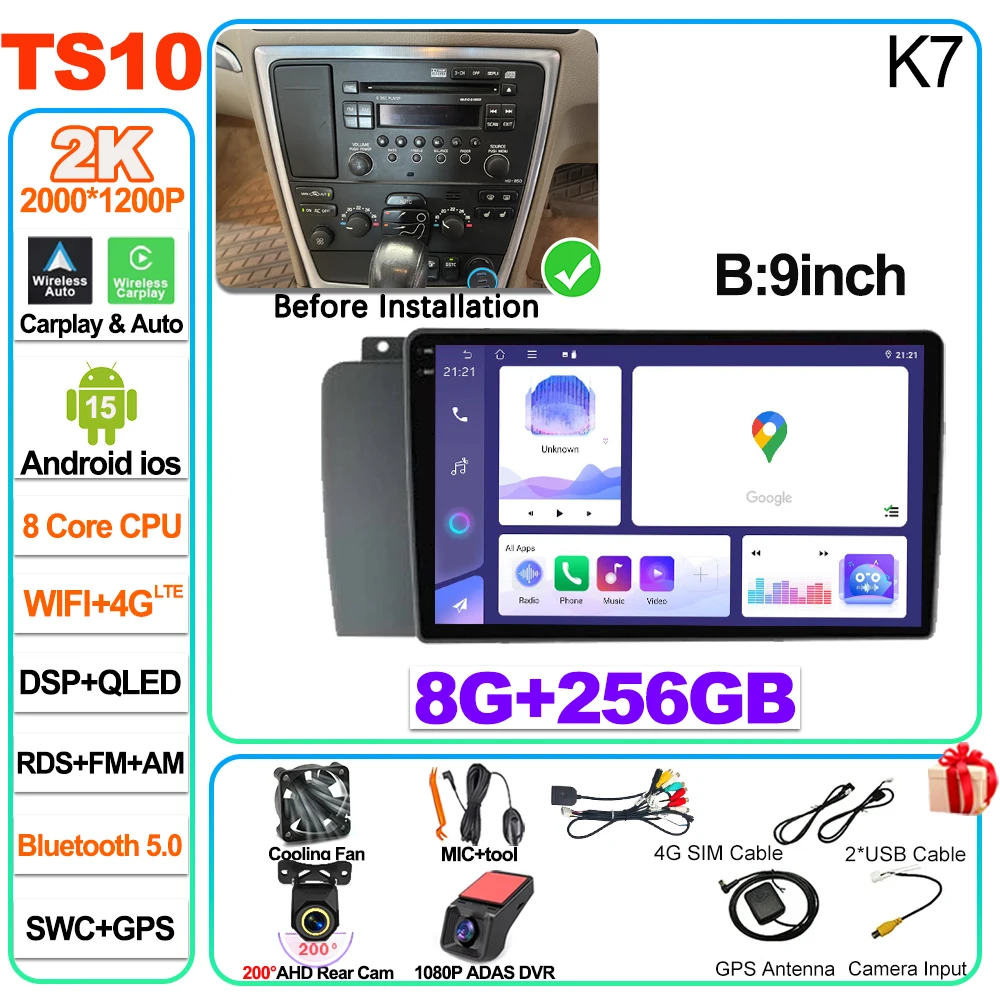 Android 16 voor Volvo XC70 V70 S60 2004 2005 2006 2007 2008 2009 autoradio head unit Carplay Auto multimediaspeler touchscreen