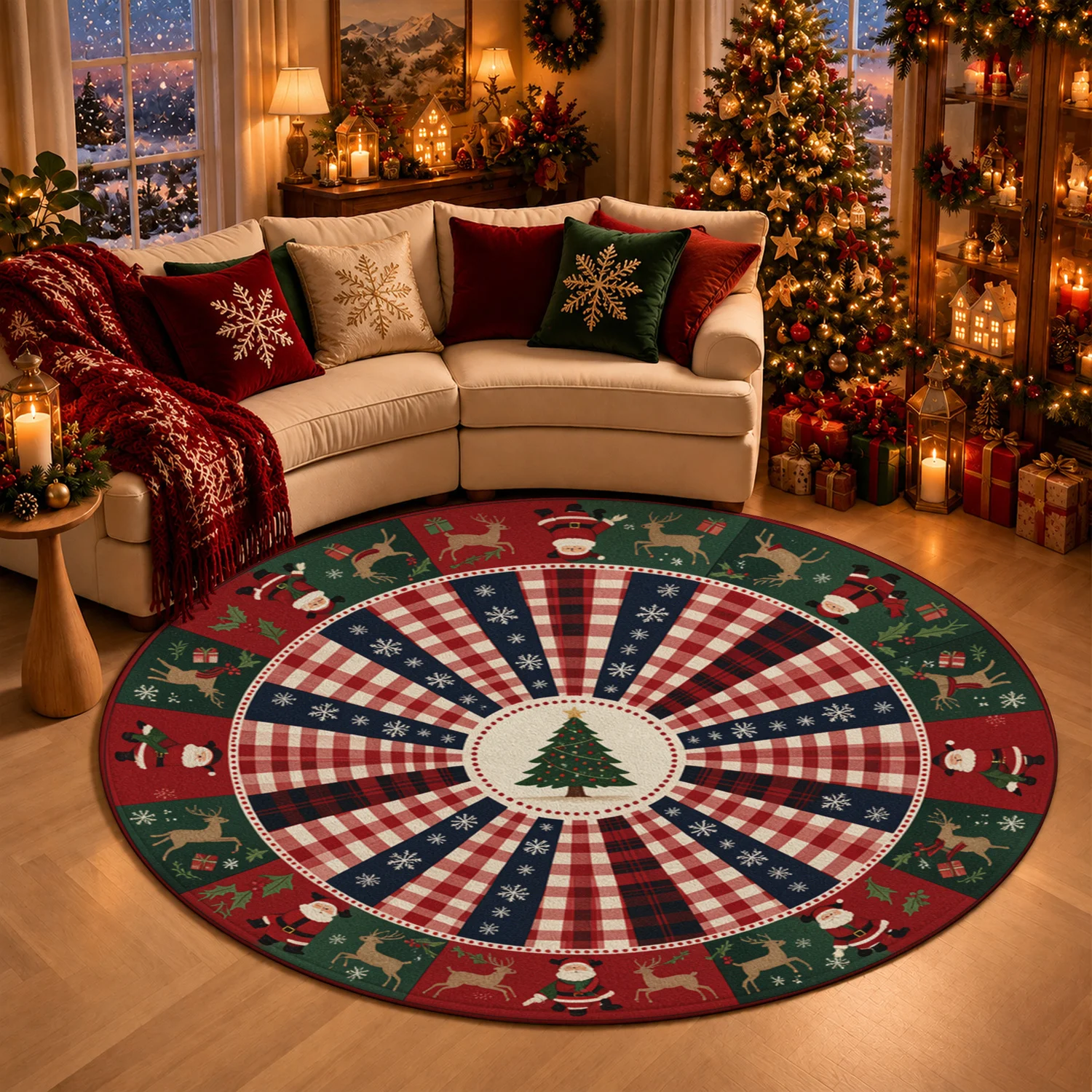 Christmas Reindeer Santa Tree Plaid Round Rug Velvet Machine Washable for Living Room Dining Room Bedroom Halloween Thanksgiving Black Friday Cyber Monday Christmas New Year