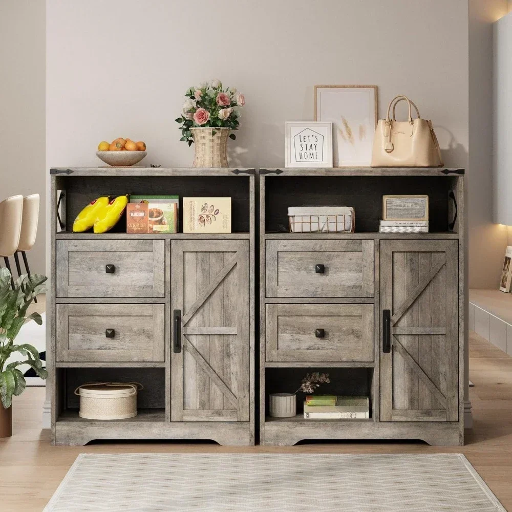 Farmhouse Storage Cabinet with 2 Drawers & Shelves,Floor Freestanding Storage Cabinet with Doors & Open Storage for Living Room