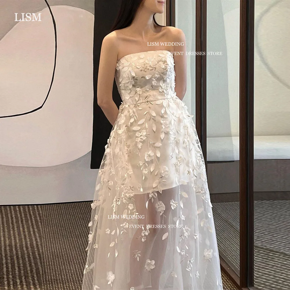 

LISM Modern 3D Flowers Lace A-Line Wedding Dresses Korea Photo Shoot Strapless Bridal Gowns Corset Back Formal Dress Custom