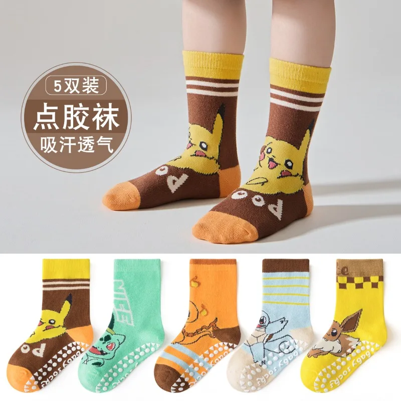 

5 Pairs Pikachu Children's Socks Boys baby Socks Non-slip Cotton Socks Dot Rubber Trampoline Cartoon Boys Floor