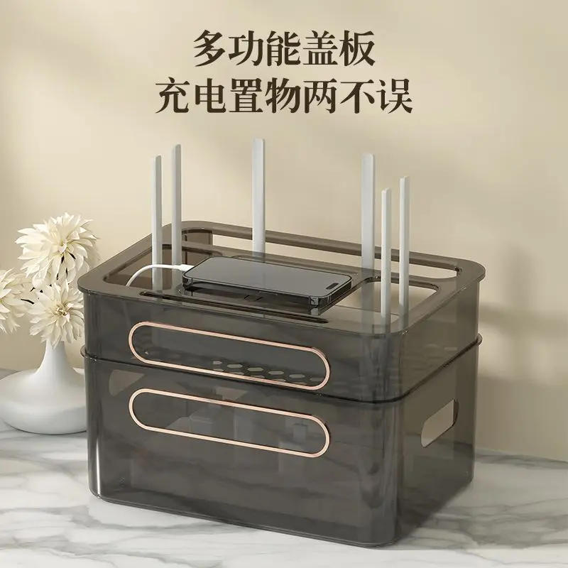Double-Layer Transparent Black Router Storage Box With Gold Handle, Multifunctional Cable Organizer For Wifi Modem, Desktop