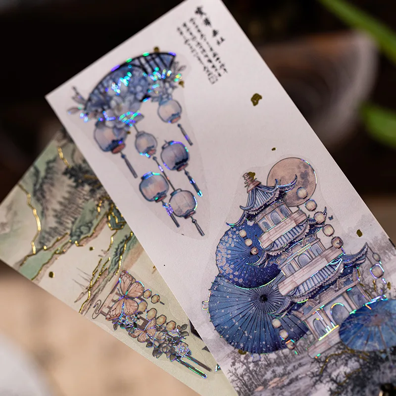 3 Sheets/Bag Of Classical Flower Hot Stamping PET Stickers Chinese Style Creative Diary Notebook Stickers DIY Collage Decoration