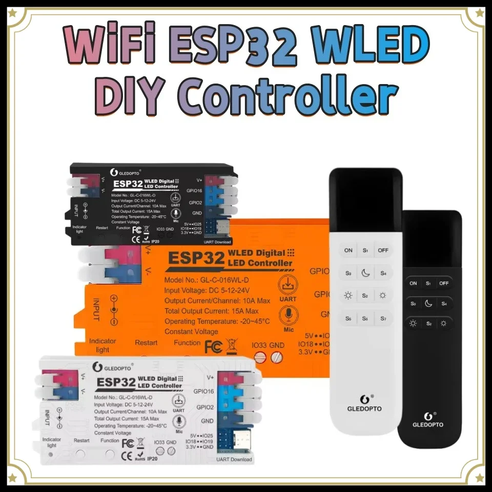 New DIY WiFi ESP32 WLED Controller Can Connect 4 Push Switches With Mic Music Sync App Control GL-C-016WL-D GL-RC-001/002WL UART