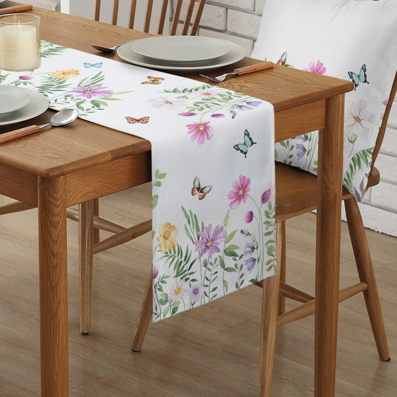 Spring Flower Butterfly Table Runner luxury Kitchen Dinner Table Cover Wedding Party Decor Cotton Linen Tablecloth