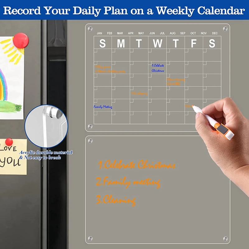 2 stuks acryl magnetische kalender voor droog uitwisbare bordkalender, met 8 droog uitwisbare markers