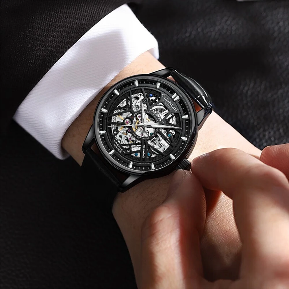 Guanqin Waterproof Luminous Men Watch Wear-resistant Leather Strap Fashion Classic Casual Skeleton Automatic Mechanical Watches