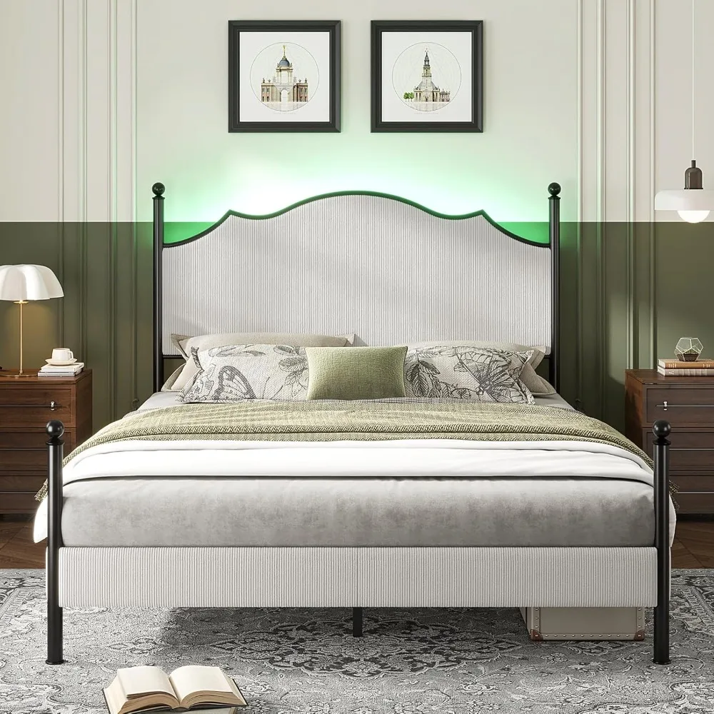 

Upholstered Full Size Bed Frame with 51.2" Tall Headboard, Metal Four Poster LED Beds for Bedroom, Easy Assembly, Wooden