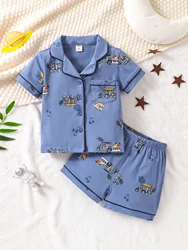 2pcs Boys Comfortable Cotton Pajamas Outfit Cartoon Graphic Button Short Sleeve Top & Elastic Waist Boys Shorts Sleep