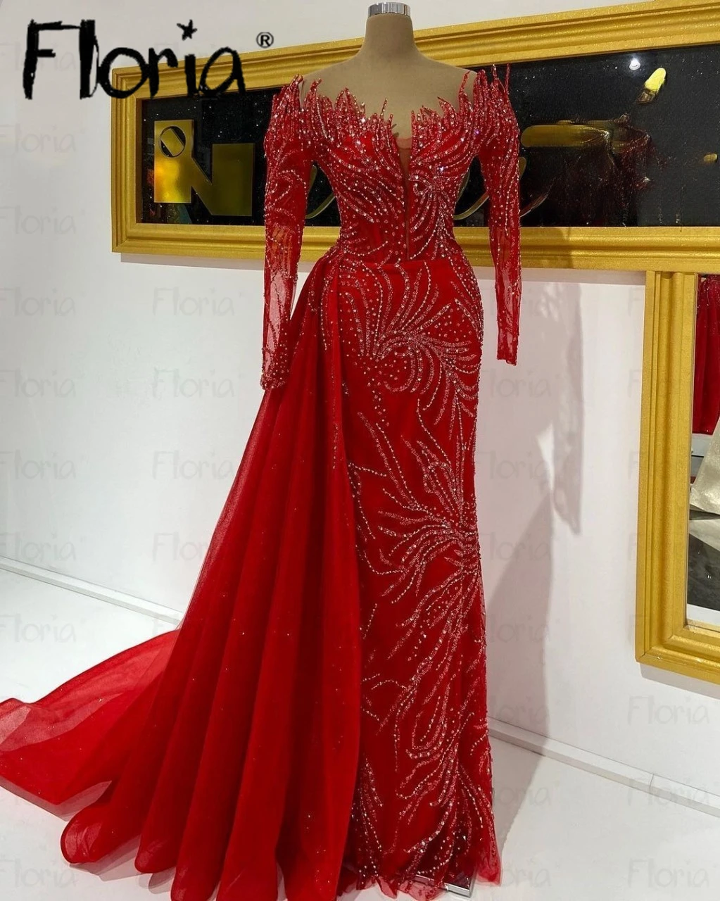 Vestidos De Noche Red Dubai Women Engagement Dress With Overskirt Beading Long Sleeve 5D Customized Design Formal Prom Dresses