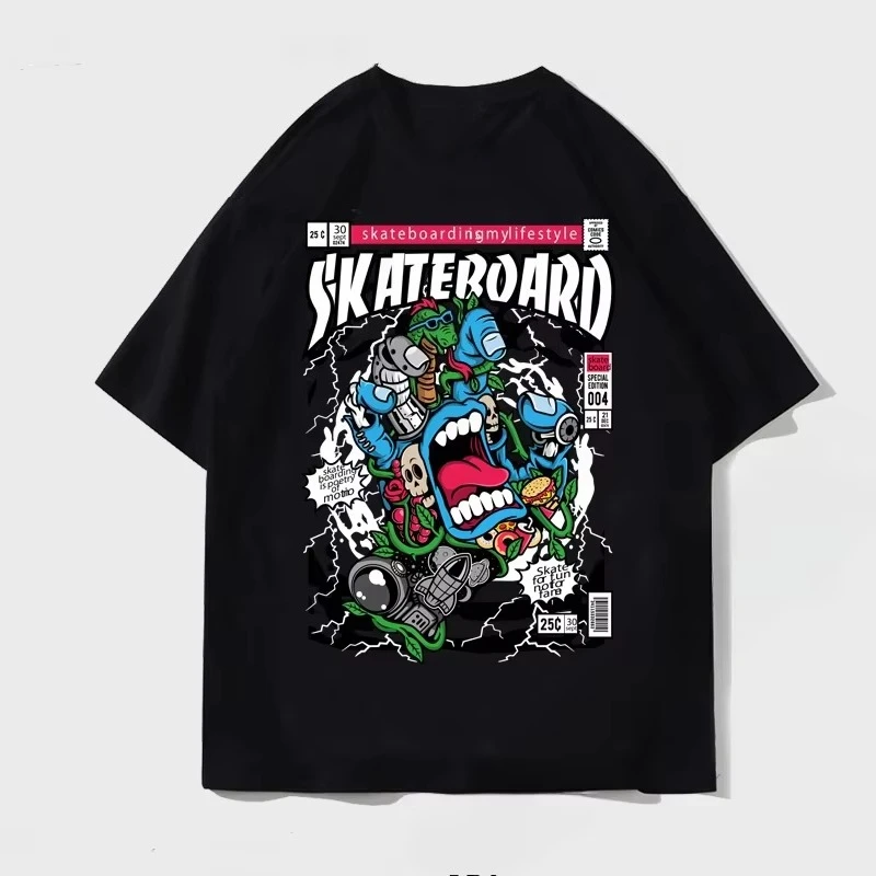 

Летняя повседневная свободная мужская и женская футболка, европейская и американская модная брендовая забавная мотоциклетная футболка с мультяшным принтом граффити