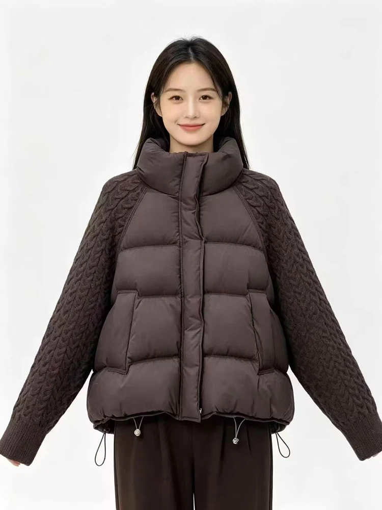 Winter Stand Collar Warm Parker Jacket Female Fluffy Knitting Sleeve Splicing Down Jacket Women White Duck Down Zipper Outwea