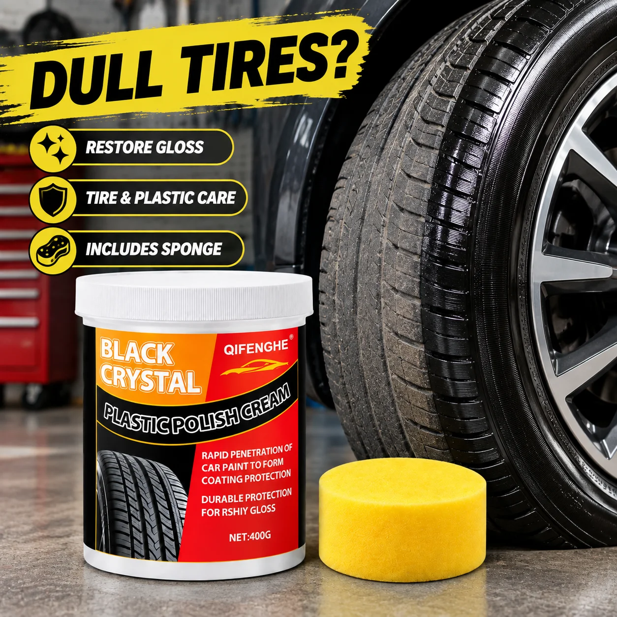 400G Premium Car Tire Shine Wax, Tire And Plastic Renewal Wax, Interior Gloss Polish, Black Car Anti-Yellowing Nano Crystal Coat