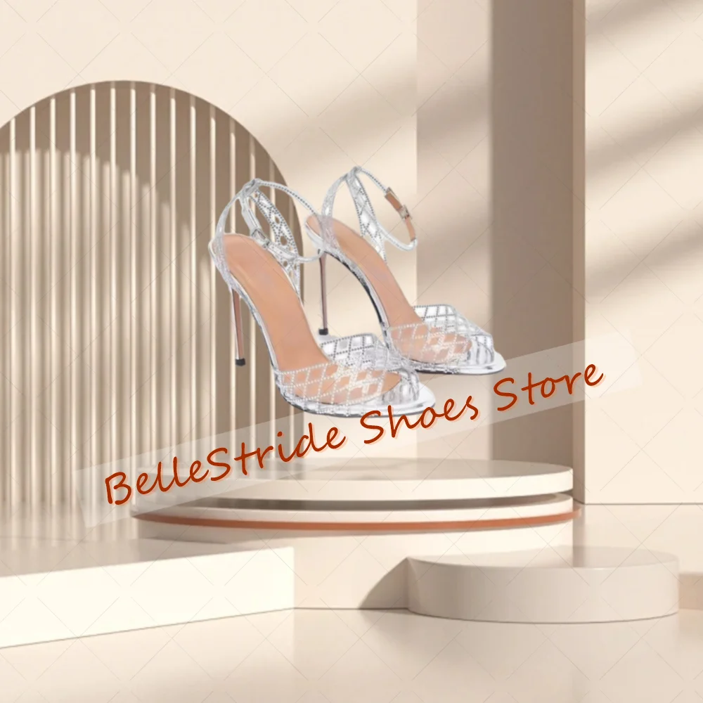 실버 크리스탈 속이 비치는 PVC 샌들 버클 스트랩 여성 신발 얇은 하이힐 파티 연회 데이트 2025 여성용 신발