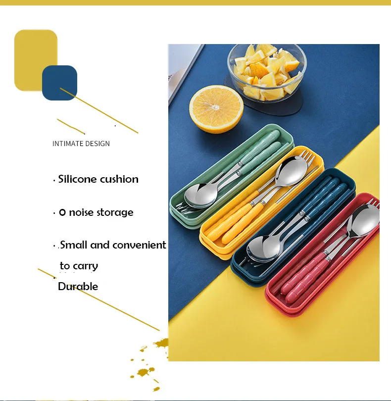 3pcs Set Stainless Steel Portable Fork Spoon Chopstick Student Cutlery Set with Box Travelling Dinnerware Set