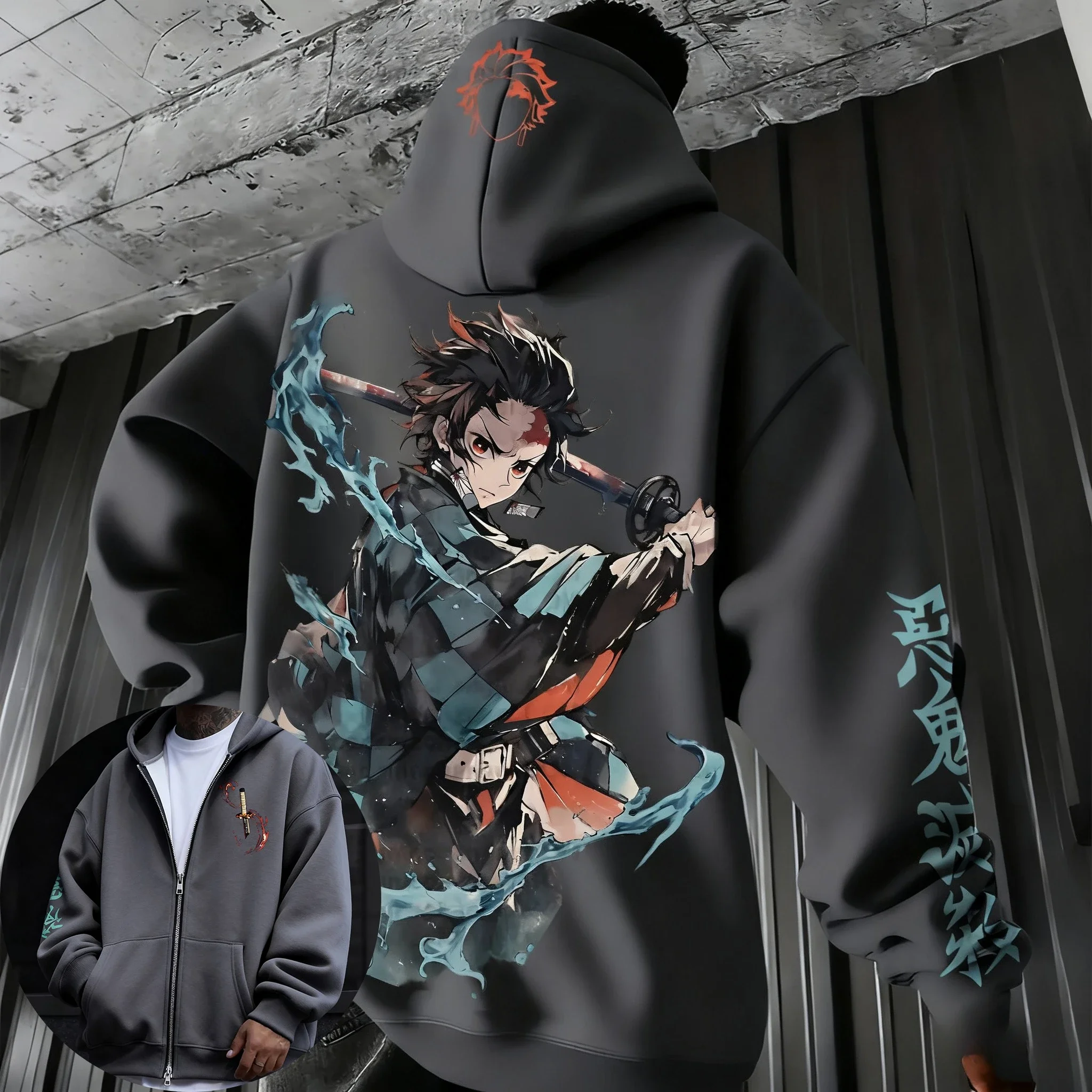 Demon Slayer Anime Men's and Women's Zipper Hoodie Autumn/Winter  Kamado Tanjirou Printed Casual Sports Sports Sweater Top