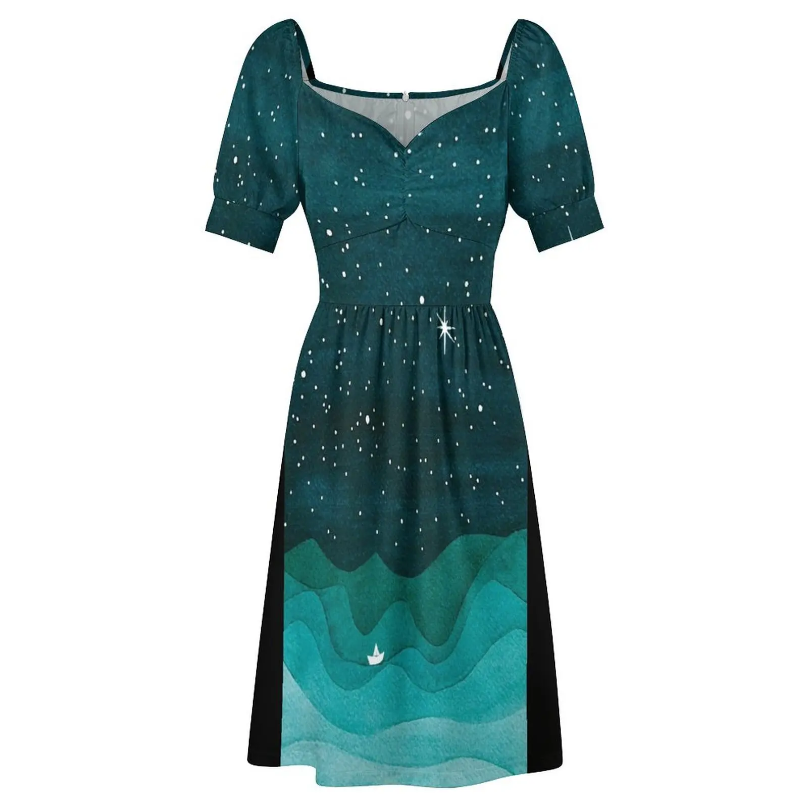 Starry Ocean, teal sailboat watercolor sea waves night Short Sleeved Dress womens dress Summer women's clothing Dress image 4