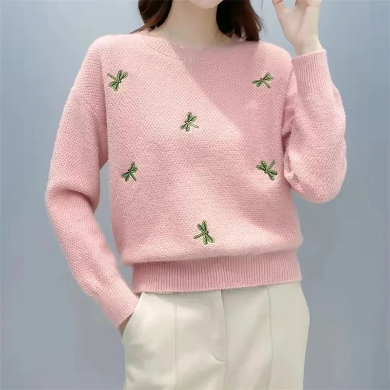 Autumn Women Short Sweater Korean Female Crystal Mink Dragonfly Embroidery Knitted Jacket Ladies Round Neck Pullover Knit Tops