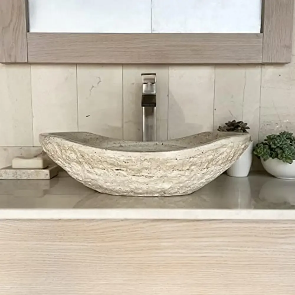 Natural Stone Oval Vessel Sink Hand Carved Bathroom Rustic Soap Tray Included