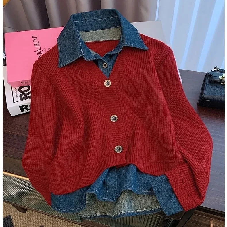 Fake Two-Piece Sweater Knitted Cardigan Women's Autumn Winter Design Sense Polo Collar Denim Patchwork Long-Sleeved Loose Top