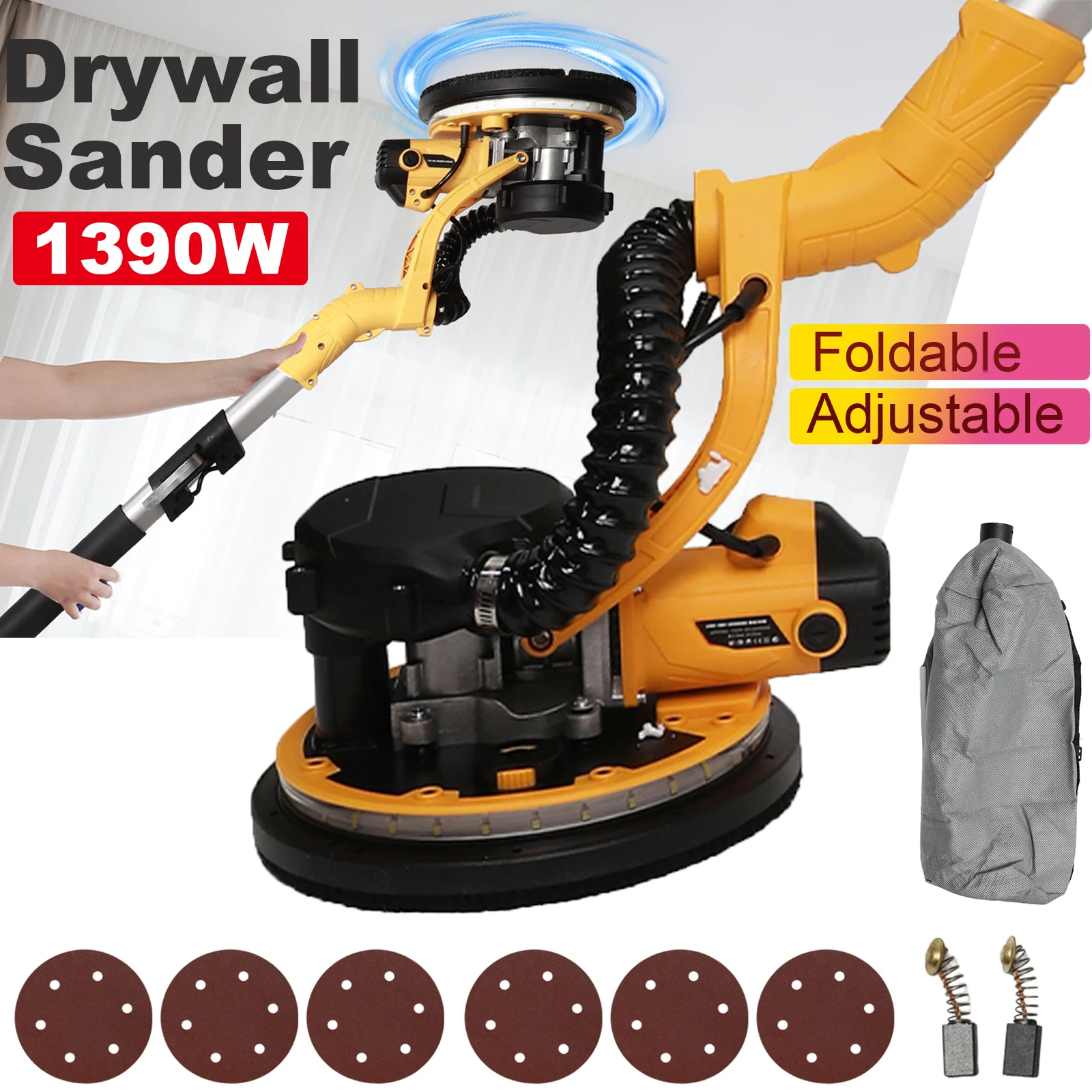 Ponceuse électrique pour cloisons sèches, vitesse réglable, pliable, polissage des murs et des sols, meulage, lumière Led, polisseuse de mastic murale, poussière automatique, 1390