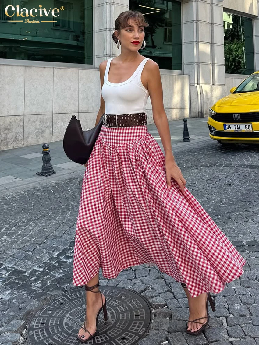 

Clacive Fashion Loose Red Plaid Women's Skirt 2025 Casual High Waist Ankle Length Skirt Elegant Classic Skirts Female Clothing