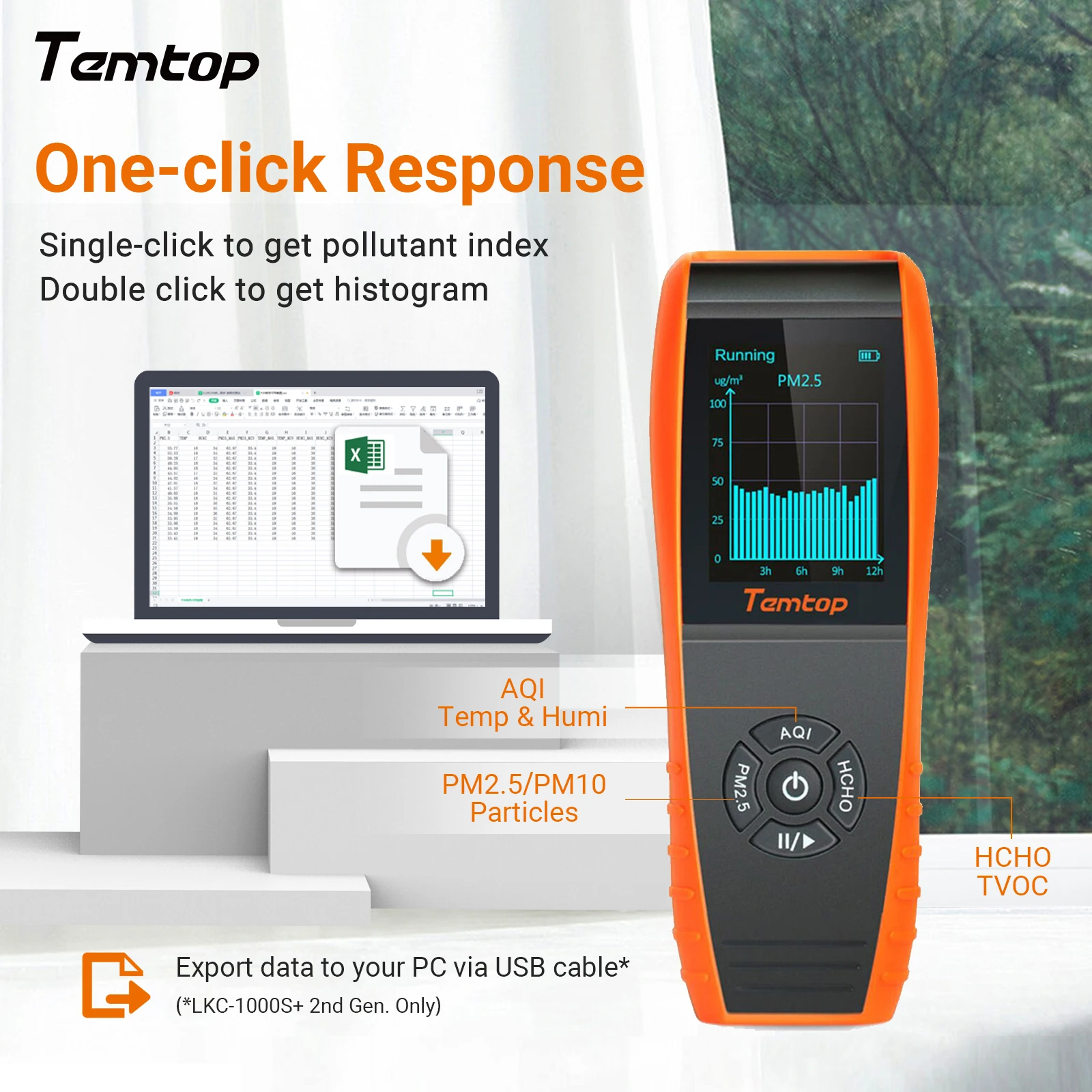 Temtop LKC-1000S+ 2nd Generation Professional Formaldehyde Monitor Detector with HCHO/PM2.5/PM10/TVOC Data Export