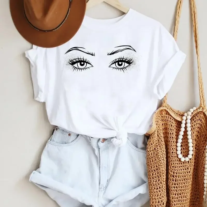 Women Make Up Letter Funny New Eye Eyelash Fashion Cartoon Summer Lady Print Tee Stylish T Top  Tshirts Clothes T-Shirt