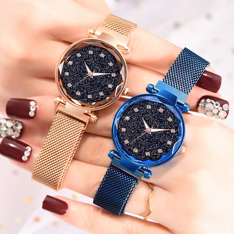 Reloj de marca de lujo para mujer, relojes de cuarzo de cristal para mujer, reloj de malla con hebilla magnética, reloj femenino con cielo estrellado