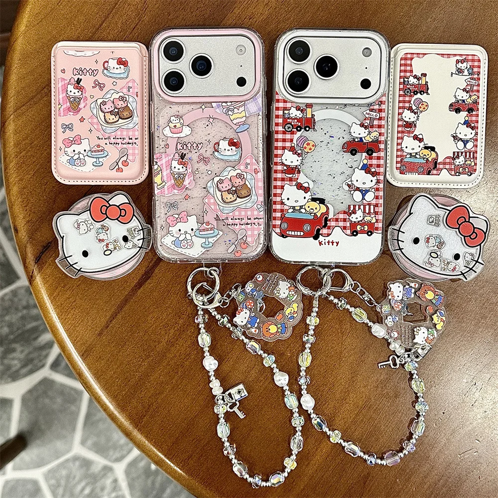 

Fashion plaid cute Hellokitty magnetic stand phone case for iPhone 17 Pro 15 Pro Max 14 13 16 Funda For Magsafe card bag holder