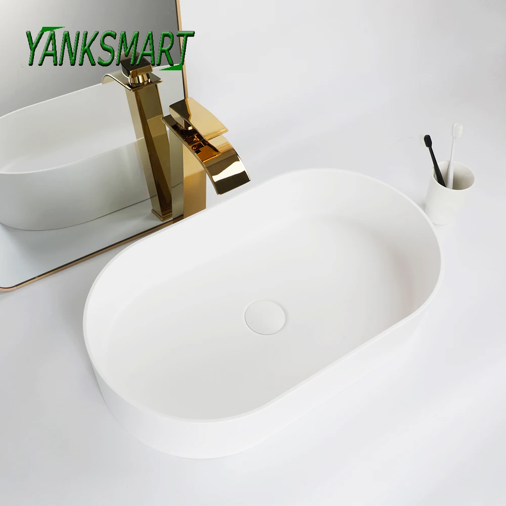 

YANKSMART Artificial Stone Bathroom Basin Sink Multiple Style Above Counter Vessel Vanity with Sinks Waterfall Faucet and Drain