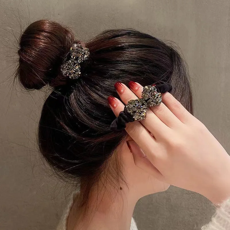 Fashion Luxury Rhinestone Bowknot Hair Rope Solid Color Vintage Bow Hairband for Women Girls Ponytail Bun Scrunchies Accessories