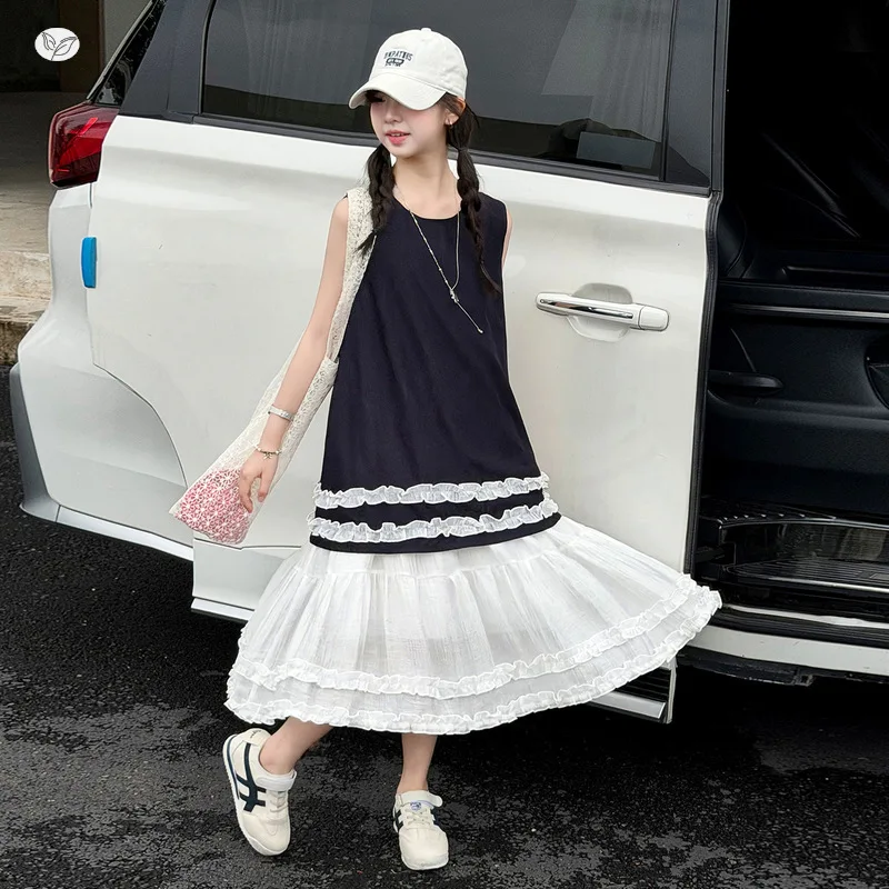Girls Color Block Dress 2026 Summer New Big Kids Sleeveless Camisole Dress Mesh Patch Lace Long Dress