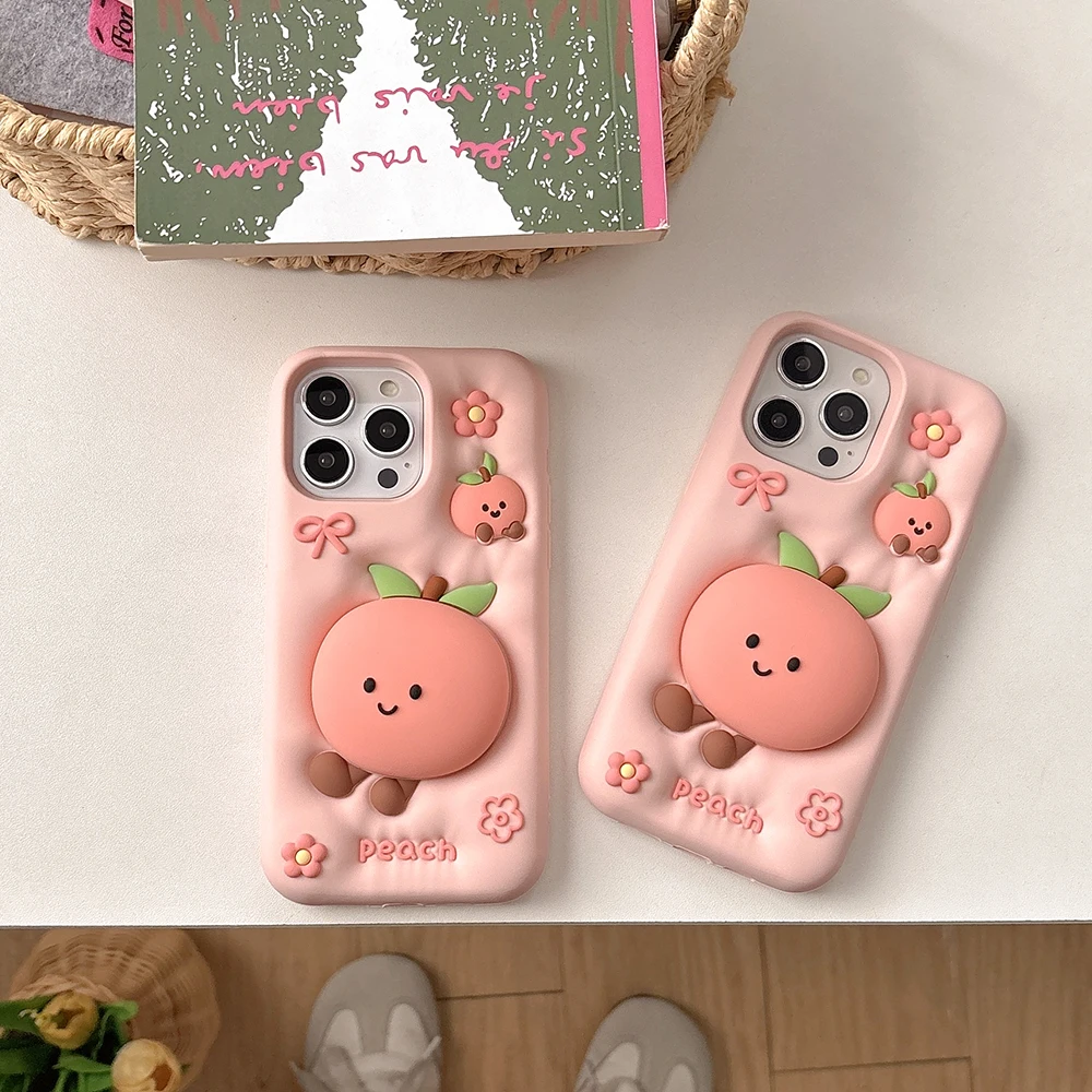 Kawaii 3D Sommer Obst Pfirsich Halterung Weiche Silikonhülle für iPhone 17 16 15 14 13 12 Pro Max mit Ständerhalter stoßfeste Abdeckung – Detail 1