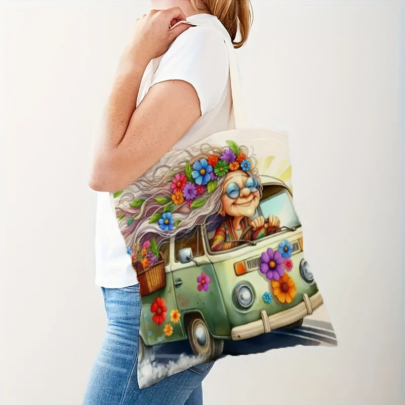 1pc Vintage Hippie Grandma Linen Tote Bag Spacious Durable Fashionable Womens Shopping Bag Fixed Shoulder Straps