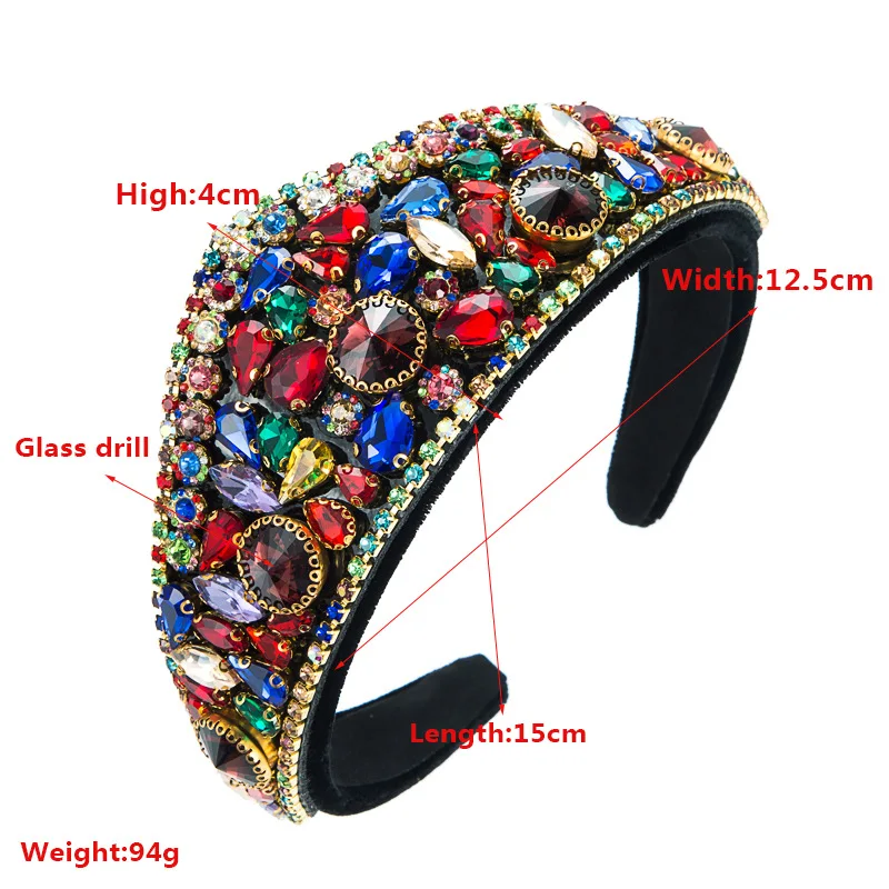 New Baroque Retro Geometric Exaggerated Colorful Rhinestone Crown Headband Wide Brim Prom Party Wedding Hair Accessories