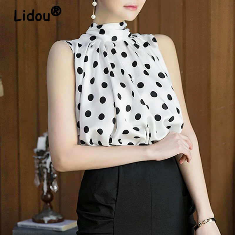 Summer Ruffled White Polka Dot Printed Elegant Sleeveless Tops Blouses for Women Korean Fashion Lace Up Office Lady Loose Shirts