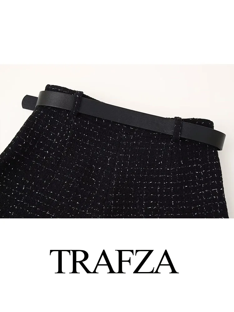 TRAFZA Summer Fashion Women Shorts Black Plaid High Waist Belt Decoration Culottes Female High Street Asymmetrical Short Pants