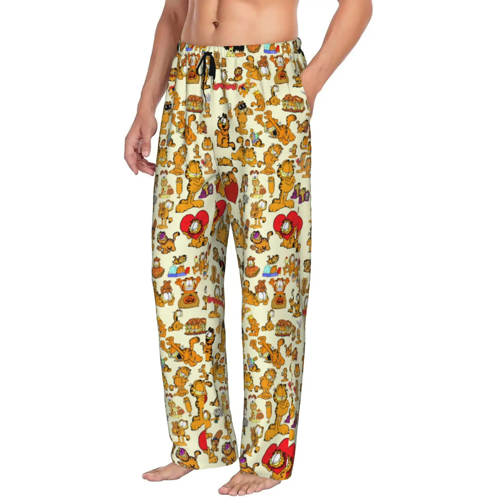 Custom Cat Cartoon Pajama Pants Men Comic Strip Manga Sleepwear Lounge Sleep Bottoms Stretch with Pockets
