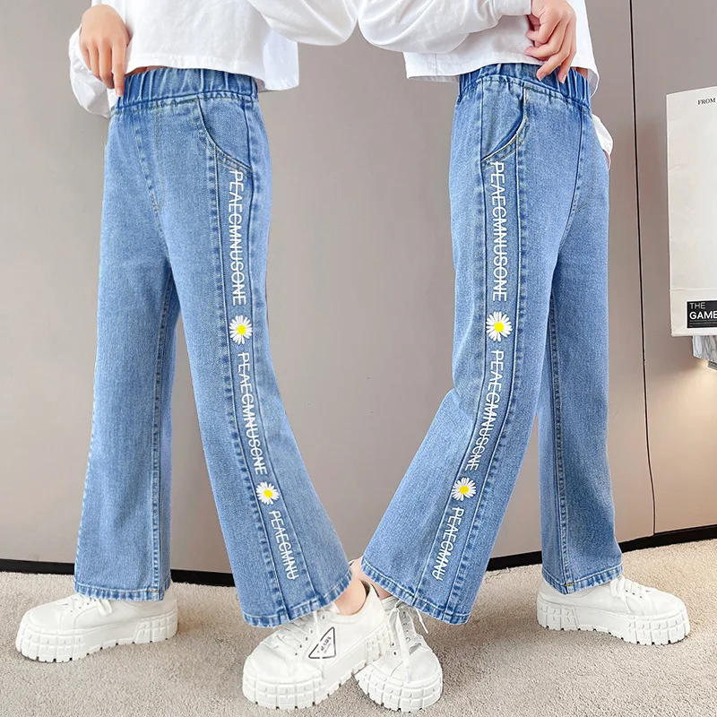 3 -14 Years Spring Girls Jeans Kids Pants Wide-Leg trousers Side Spliced Letters Flowers Children jeans Light Blue Denim Pants