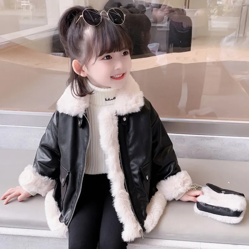 Girls Coat Jacket Cotton Outwear Overcoat 2022 PU Warm Thicken Plus Velvet Winter Autumn Teenager Children\'s Clothing